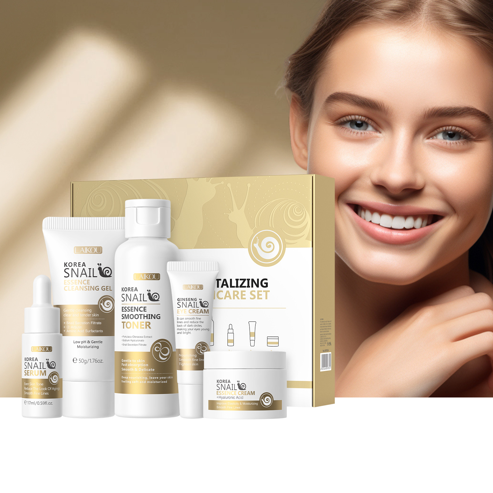 Skincare Korea - 5 個箱入り韓国カタツムリスキンケアセットカタツムリフェイスクレンザーエッセンスクリームスムージングトナー血清修復アイクリームコラーゲンセット