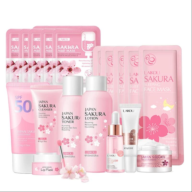 Skincare Korea - 日本さくらフェイシャルクリーナー韓国顔血清角質除去ピーリングジェル保湿トナーアイクリーム日焼け止め化粧品スキンケアセット